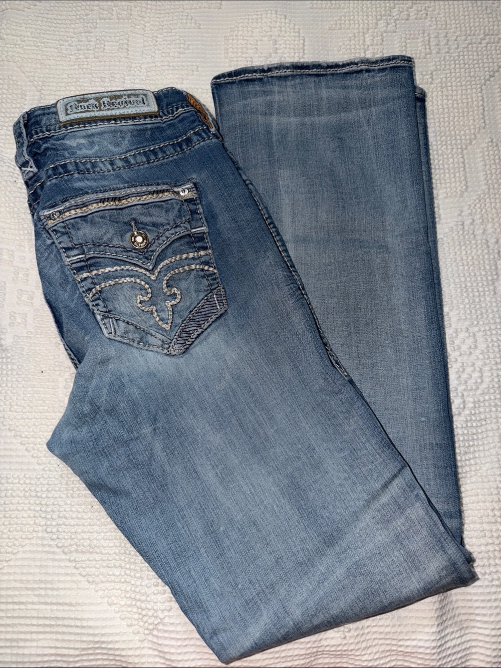 Rock Revival LANG Jeans BOOTCUT MID-RISE Distressed women’s size 32